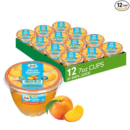 Dole Fruit Bowls Diced Peaches in 100% Juice Snacks, 7oz 12 Total Cups, Gluten & Dairy Free, Bulk Lunch Snacks for Kids & Adults