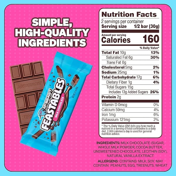 Feastables MrBeast Combo Pack, King Size Milk Chocolate & Milk Crunch Bars, 10 Each, Candy Bars for Adults & Kids, Candy Bar for Snacks, Gifts, or Dessert, Fairtrade Cocoa, 2.1 Oz Each, 20 Count