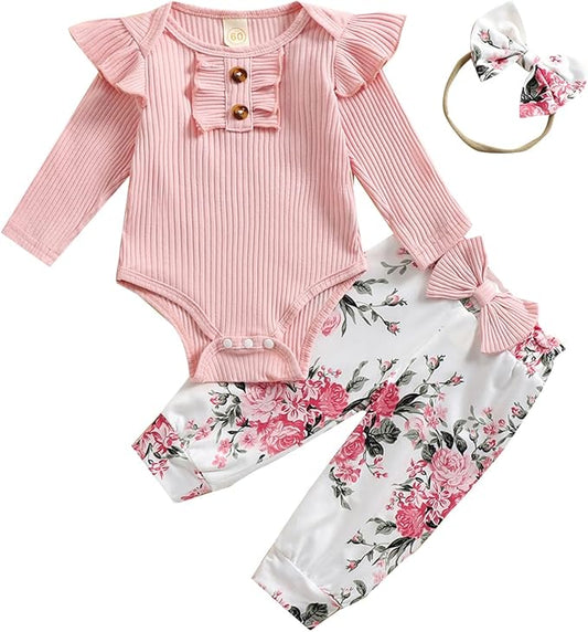 Baby Girls Clothes Ribbed Romper Bodysuit Pants Headband Set Fall Winter Outfits