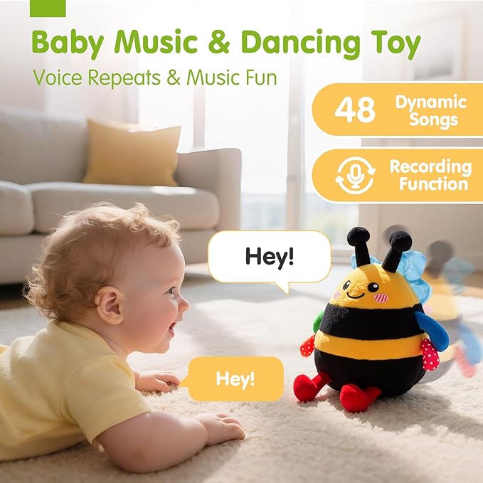 hahaland Baby Toy for 6 + 12 18 Months – Crawling Musical Dancing Bouncing Learning Bee Plush, Interactive Tummy Time Toy for 1 2 3 Year Old Boys Girls Birthday Gifts