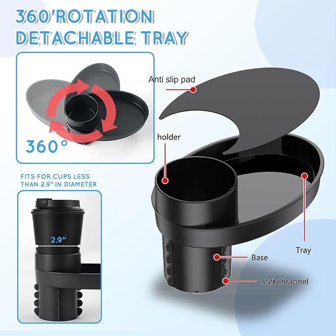 Car Seat Tray - Easily Expands Snack Tray Cup Holder Tray into 360° Cup & Travel Tray for Kids Car Seat, Booster, and Stroller (Black)