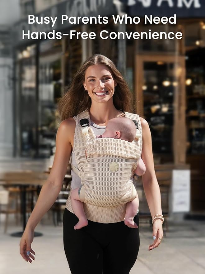 Grownsy Baby Carrier Newborn to Toddler (7-44lbs), Ergonomic & Cozy Wraps with One-Click Buckle, Mesh & Head Support for Hands-Free Comfort, Almond Beige