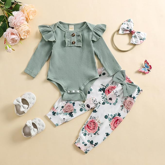 Baby Girls Clothes Ribbed Romper Bodysuit Pants Headband Set Fall Winter Outfits