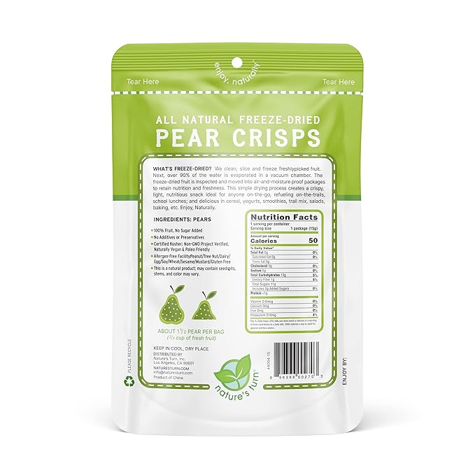 Nature’s Turn Freeze-Dried Pear Crisps – Healthy, Gluten-Free, Crispy & Delicious, Plant-Based Snack, Ideal for Cereal, Smoothies, School Lunches, & On-the-Go, Pack of 12 (0.53 oz Each)