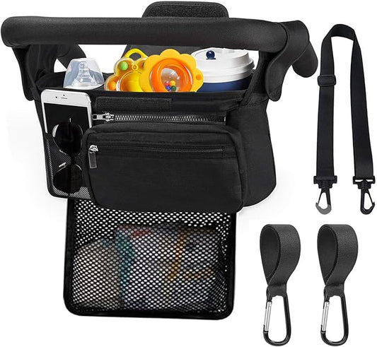 HOINCO Universal Baby Stroller Organizer，with Heightened Insulated Cup Holder,Detachable Phone Bag,Shoulder Strap and Mesh Bag，Fits Most Strollers.