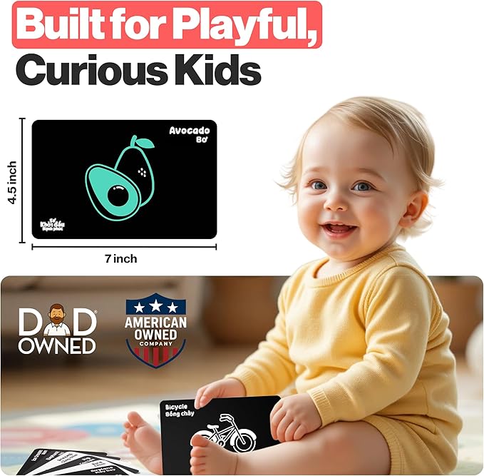 Happy Start High Contrast Baby Cards for Newborns - Black & White Cards, Water-Resistant, BPA-Free, Portable Educational Flashcards for Visual Stimulation, Award-Winning, Ages 0+(English & Vietnamese)