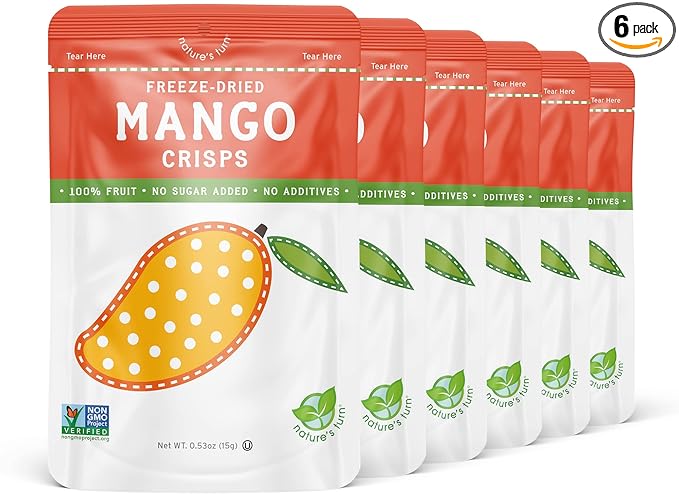 Nature’s Turn Freeze-Dried Mango Crisps – Healthy, Gluten-Free, Crispy & Delicious, Plant-Based Snack, Ideal for Cereal, Smoothies, School Lunches, & On-the-Go, Pack of 6 (0.53 oz Each)