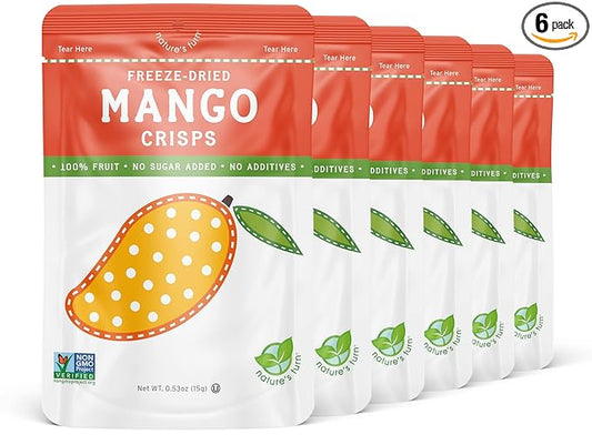 Nature’s Turn Freeze-Dried Mango Crisps – Healthy, Gluten-Free, Crispy & Delicious, Plant-Based Snack, Ideal for Cereal, Smoothies, School Lunches, & On-the-Go, Pack of 6 (0.53 oz Each)