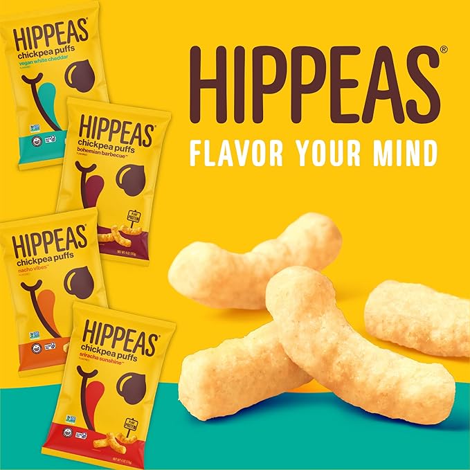 Hippeas Chickpea Puffs, Groovy White Cheddar, 0.8 Ounce (Pack of 30), 3g Protein, 2g Fiber, Vegan, Gluten-Free, Crunchy, Plant Protein Snacks