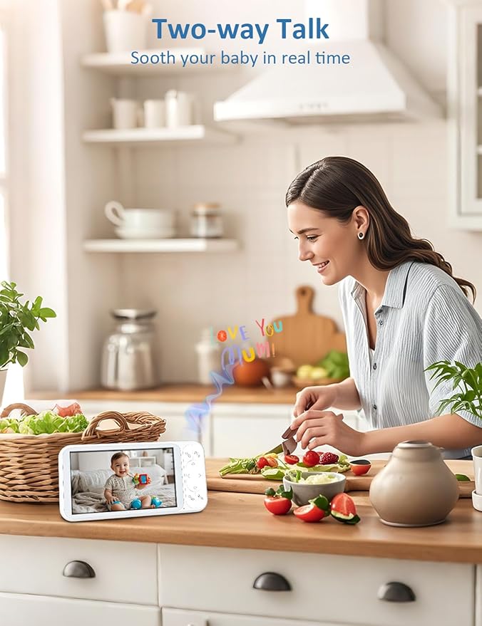 1080P 5'' Baby Monitor with 32 Hours 5000mAh Battery, Pan Tilt 4X Zoom Video Baby Monitor with Camera and Audio, Night Vision, VOX, 2-Way Talk, 8 Lullabies,1200ft Range No WiFi