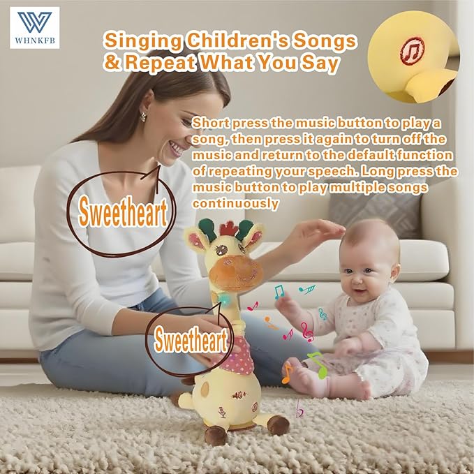 Dancing Giraffe Plush Baby Toy 6-12 Months - Talking Giraffe Stuffed Animal Singing Songs & Repeat What You Say, Musical Light Up Toy for Toddlers 1-3 Years Boy Girl, Soft Interactive Gift