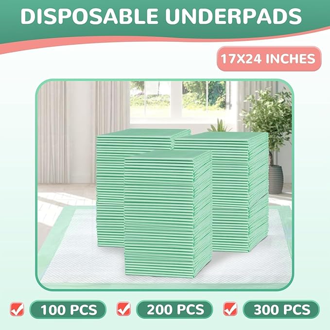 Disposable Underpads 17"×24"(300 pcs) Light Absorbent Bed Pads Small Chucks Pads for Kids, Puppy, Cat and Tioilet