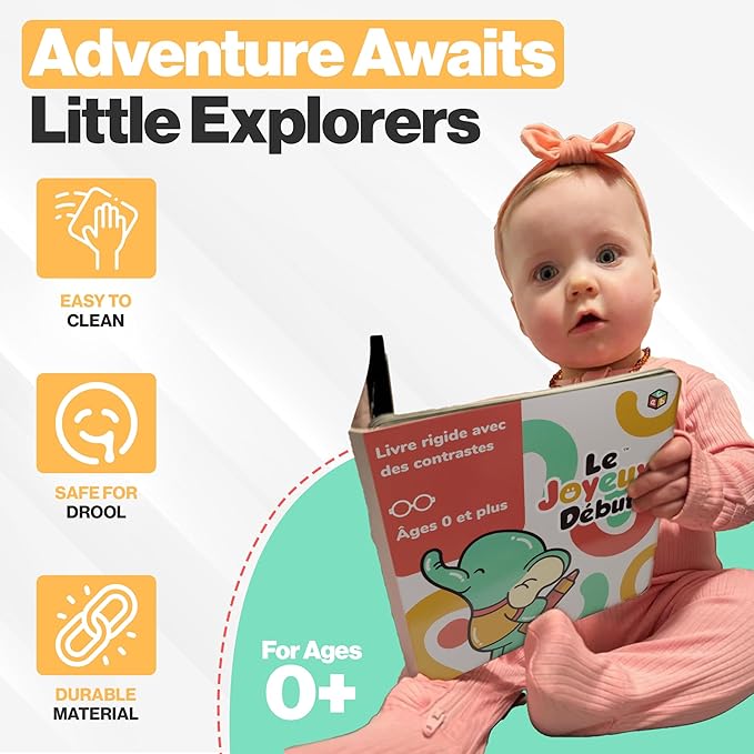 Happy Start Award-Winning High Contrast Board Book - Newborn Black & White Baby Cards, Easy to Clean, Hospital Approved, Stands on Its Own, Tummy Time Toy, Ages 0+ (French)