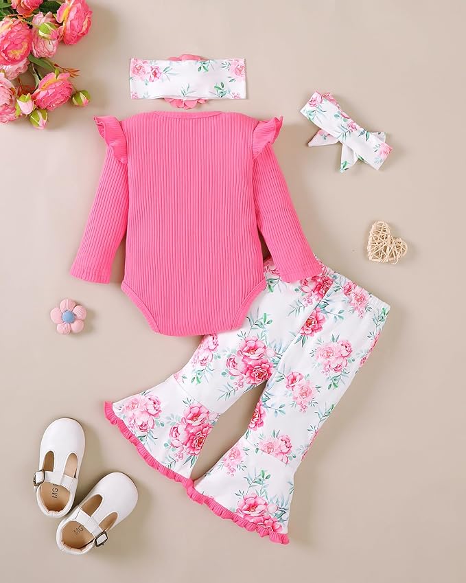 SUNNY PIGGY Newborn Baby Girl Clothes Infant Outfits Romper Floral Fall Outfit Bell Bottoms Pant Sets Hat Headband Flowerpant
