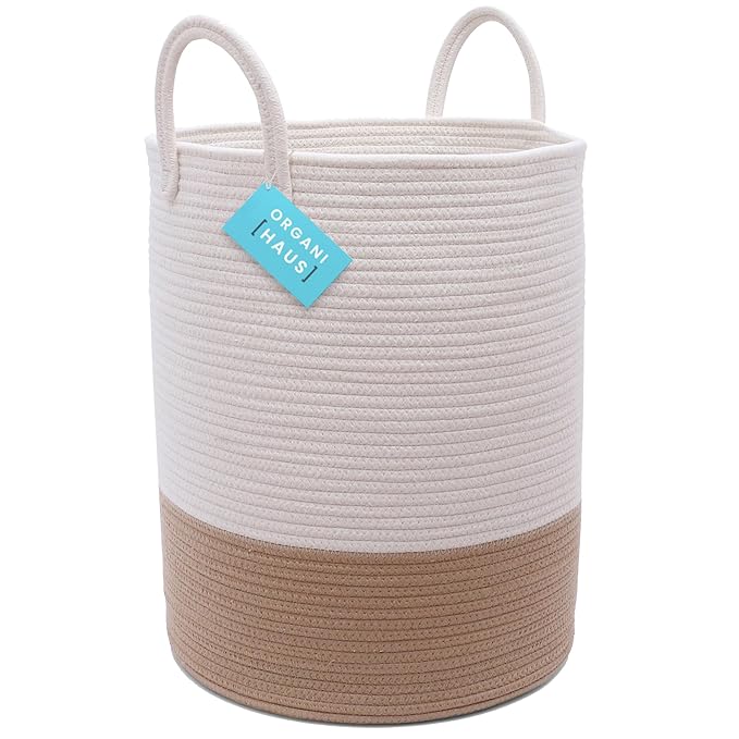 OrganiHaus Boho Woven Basket for Blankets and Laundry, Decorative Large Storage Bin for Living Room, Nursery Basket for Toys & Clothes, Soft Cotton Rope with Handles 15x18 inches - Off-White/Honey