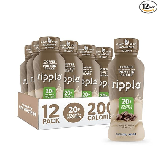 Ripple Coffee Plant Based Protein Shake | 20g of Quality Sourced Pea Protein, 100mg Caffeine, Calcium | Shelf Stable | Vegan & Non GMO | Dairy, Soy, Nut, & Gluten Free | 12 Fl Oz Bottles (Pack of 12)