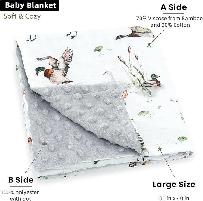 LifeTree Baby Blankets for Newborn, Soft & Lightweight Swaddle Blankets, Muslin Front and Dotted Fleece Backing Receiving Bed Throw Blanket Unisex, 31X40 Inches, Baby Girl & Boy Blanket, Duck