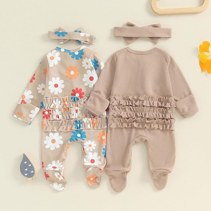 Baby Girl Footies Newborn Zipper Sleeper 2 Pack Ruffle Pajamas Romper Coming Home Outfit