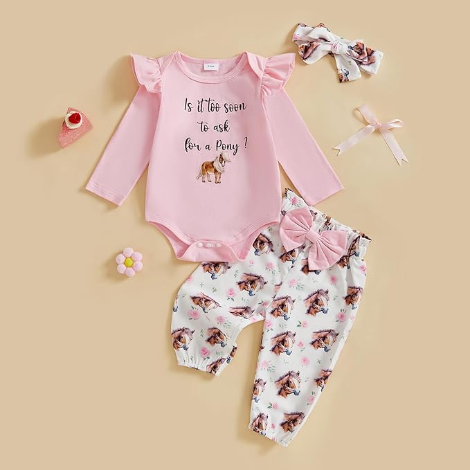 Fernvia Western Newborn Baby Girl Clothes Long Sleeve Letter Print Romper Animal Print Pants Headband 3Pcs Outfits Sets