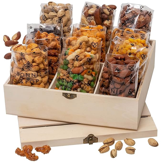 BONNIE AND POP - Nut Gift Basket | Healthy Gift of Assorted Nuts in Reusable Wood Crate | Large Variety Tray with Unique Flavors | Parties, Holidays, Birthday, Sympathy, Office, Thank You, Him, Her | Bonnie & Pop
