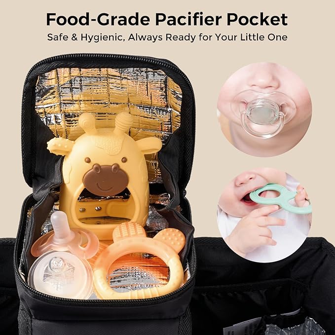 Momcozy Extra Large Stroller Organizer Max | with Food Grade Pacifier Teether Bag | 2 Insulated Cup Holder | Silicone Anti-Slip Straps | 3-Way Usage | Detachable Small Pouch | for UPPAbaby/Doona