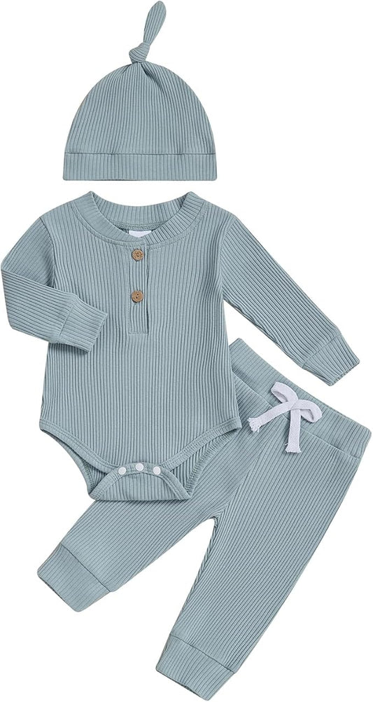 Newborn Baby Boy Clothes Long Sleeve Ribbed Bodysuit Pants Hat 3-Piece Outfit Set
