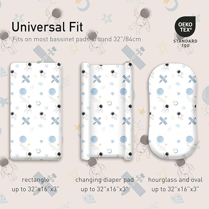 Gllquen Baby Bassinet Sheets 4 Pack, Breathable Cozy Fitted Mattress Sheet, Elastic Travel Crib Fashionable Pattern, Standard Cradle Safe Sheets for Baby Boys Girls 32"x16"(Astronaut)