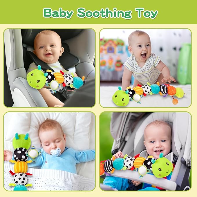 Baby Sensory Toys 0-6 6-12 Months, Musical Plush Animal Stuffed Caterpillar with Crinkle & Rattle, Tummy Time Toys for Infants Newborn 3 6 9 12 18 Months, Car Seat and Shower Gifts for Boys Girls
