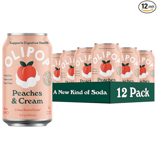 OLIPOP Prebiotic Soda Pop, Peaches & Cream, A New Kind of Soda Packed with Prebiotics, Fiber, and Botanicals, Gluten Free, Vegan, GMO Free, 12oz (12-Cans)