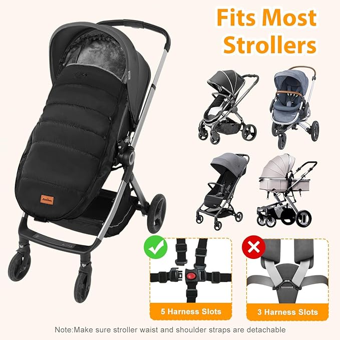 Zooawa Stroller Bunting Bag Universal, Waterproof Baby Stroller Footmuff, Stroller Sleeping Bag for Cold Weather, Extra Thick, Fits 6-36 Months Baby, Black