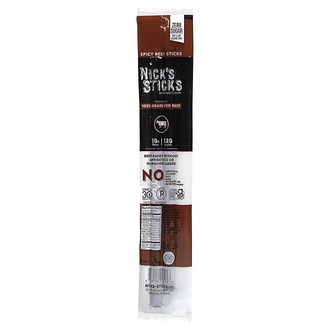 Nick's Sticks Clean & Balanced 100% Grass-Fed Spicy Beef Snack Sticks | Made in the USA | Gluten Free | Paleo, Keto, Whole30 Approved | No Soy, Antibiotics or Hormones (12 – 1.7oz. Packages of 2 Sticks)
