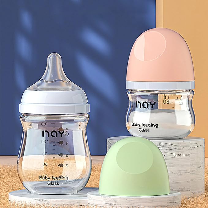 Natural Glass Baby Bottle Wide Neck, Anti-Colic Baby Bottle, Clear, 5.4oz(Pack of 2), Includes 2Pcs Natural Response Nipple(S), 1 Months+