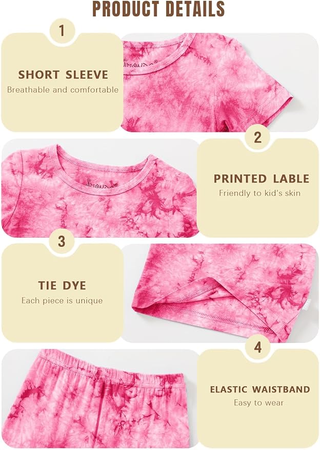 Jimonda Kids Soft Rayon From Bamboo Sleepwear Short Sleeve Boys Girls Pajama Outdoor 4-Piece tops&shorts Casual sets Tie PJ