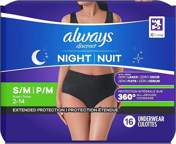 Always Discreet Adult Incontinence Overnight Underwear for Women, Small/Medium, Up to 100% Bladder Leak Protection, 48 Count (3 Packs of 16)