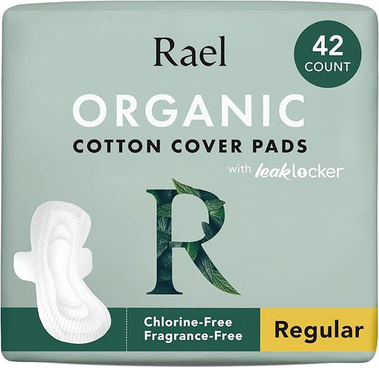 Rael Organic Cotton Cover Pads with Wings - Regular Absorbency, Unscented, Ultra Thin for Women (Regular, 42 Count)