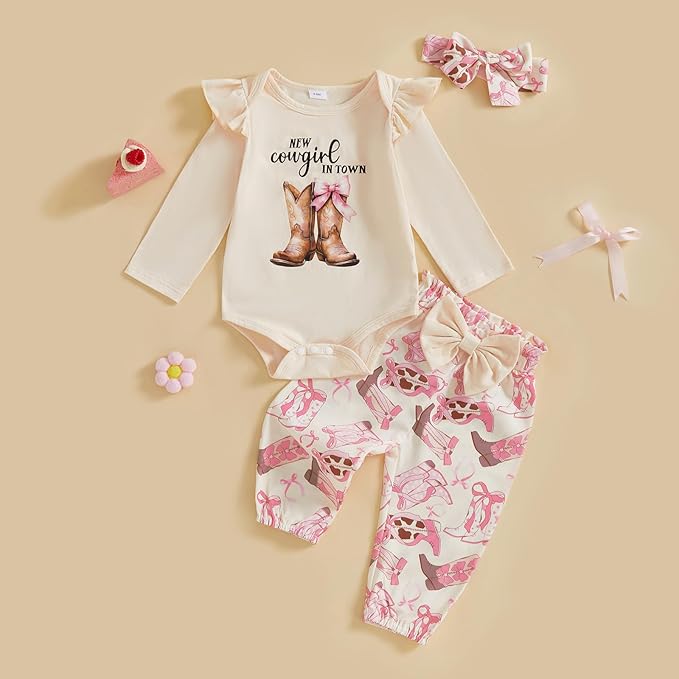 Fernvia Western Newborn Baby Girl Clothes Long Sleeve Letter Print Romper Animal Print Pants Headband 3Pcs Outfits Sets
