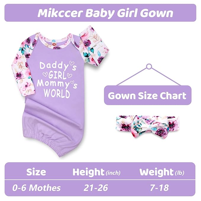 Newborn Baby Girl Gown 0-6 Months, Super Soft Newborn Sleepers Gown, Long Sleeve Infant Nightgown for Girls Boys, Baby Girl Outfit Essential with Headband Set Purple
