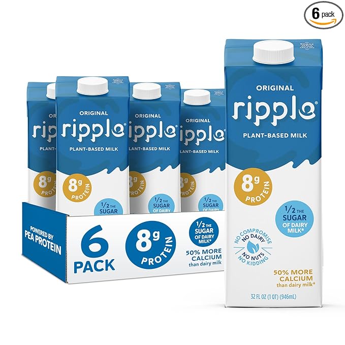 Ripple Original Plant Based Milk | 8g of Quality Sourced Pea Protein, Calcium Rich | Shelf Stable | Vegan & Non GMO Certified | Dairy, Soy, Nut, Gluten, & Lactose Free | 32 Fl Oz Cartons (Pack of 6)