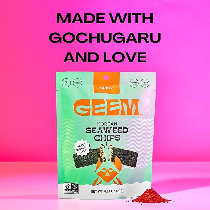 GEEM Seaweed Snacks – Korean Seaweed Chips with Rice Crisps & Sesame | Crunchy, Oil-Free Snack | Vegan, Non-GMO | Great for Kids & Adults | Spicy 4-Pack