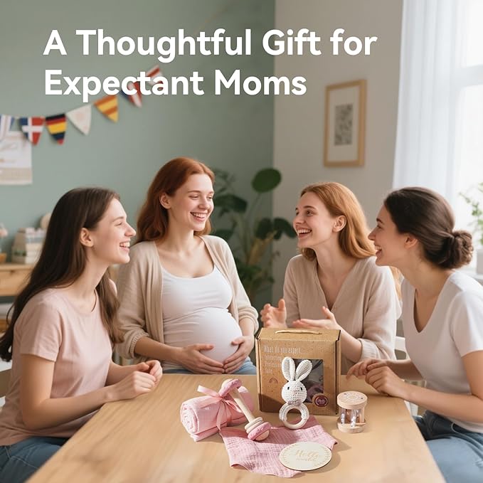 WOODEN TEETHER 6 pcs Baby Gift Set for Newborn Pink Baby Shower Gifts for Girls Baby Girl Gift Basket - Adorable & Safe Newborn Essentials