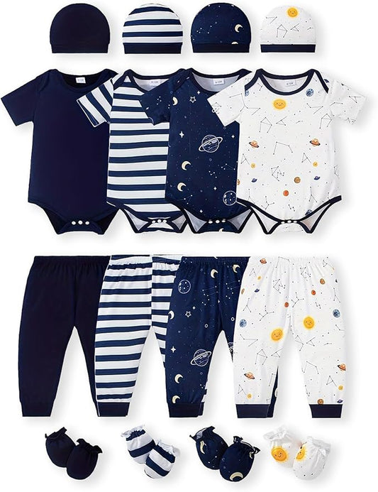 NZRVAWS Newborn Baby Boy Girl Clothes Unisex Infant Romper Pants Set Hat 4-Pack Outfits 0-12 Months 16 Pieces Toddler