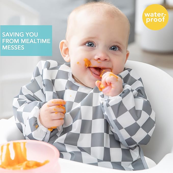 Bumkins Sleeved Bib for Girl or Boy, Baby and Toddler for 6-24 Mos, Essential Must Have for Eating, Feeding, Baby-Led Weaning Supplies, Long Sleeve Mess Saving Food Catcher, Fabric, Gray Check