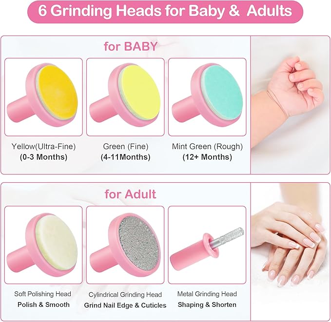 OTTOLIVES Baby Nail Trimmer Electric Newborn Toddler, Safe Baby Nail Clippers Set with Light and 6 Replacement Heads, Baby Nail File Trim Polish Toes Fingernails Care Infant Essentials (Pink)