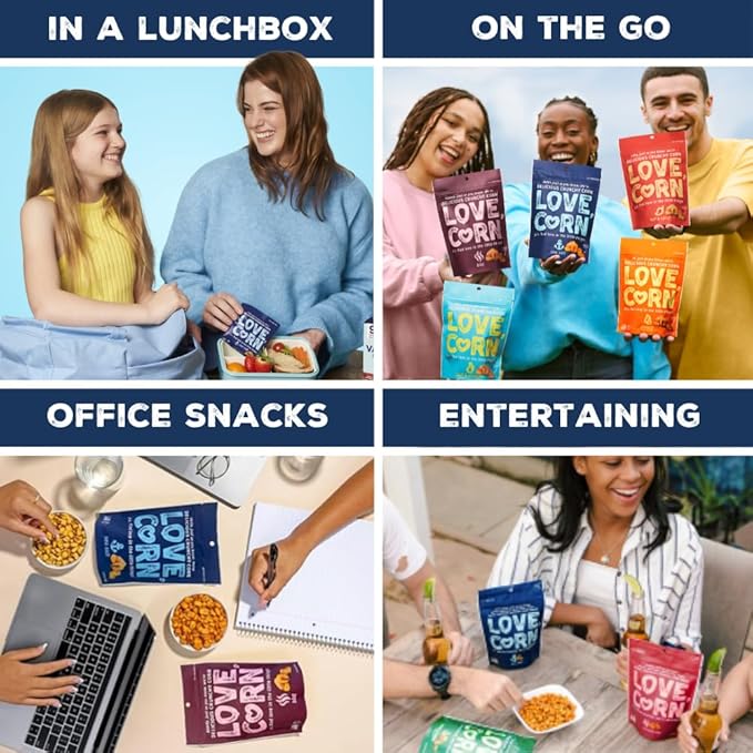 LOVE CORN Fab Four - Sea Salt, BBQ, Salt & Vinegar, Hot Spicy 0.7oz x 20 Delicious Crunchy Corn Healthy Family Snacks Gluten Free, Kosher, NON-GMO Alternative for Chips, Nuts, Crackers Pretzels