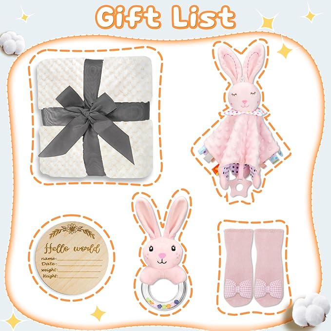 Baby Girl Gift Basket, Unique Baby Gift Basket, Baby Girl Gift Set, Baby Girl Gifts Newborn Gift Set with Baby Blanket, Baby Rattle, Bunny Handbell, Keepsake Milestone, Rabbit Toy, Baby Socks