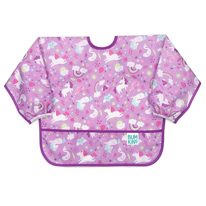Bumkins Sleeved Bib for Girl or Boy, Baby and Toddler for 6-24 Mos Essential Must Have for Eating, Feeding, Baby-Led Weaning Supplies, Long Sleeve Mess Saving Food Catcher, Soft Fabric, Unicorn Purple