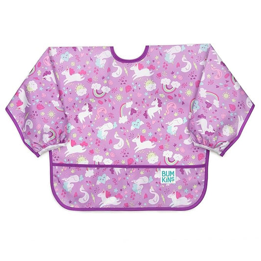 Bumkins Sleeved Bib for Girl or Boy, Baby and Toddler for 6-24 Mos Essential Must Have for Eating, Feeding, Baby-Led Weaning Supplies, Long Sleeve Mess Saving Food Catcher, Soft Fabric, Unicorn Purple