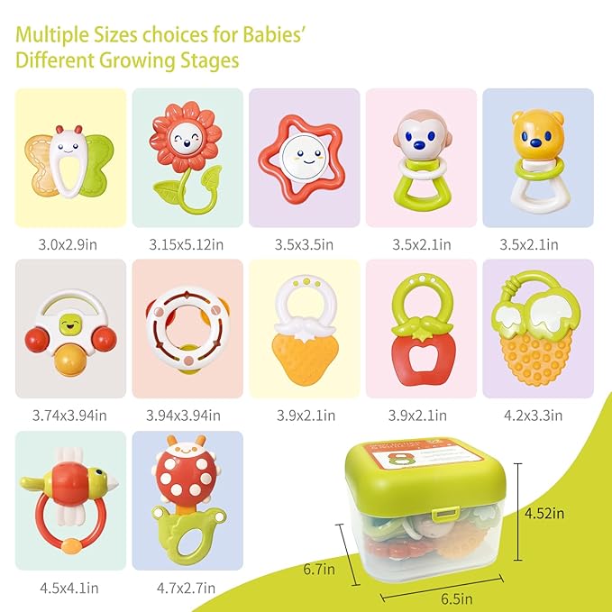 12PCS Baby Rattles Toys Set with Storage Case, Teething Toys for Babies, Newborn Christmas Gift for Baby Infant Boys and Girls 0 1 2 3 4 5 6 7 8 9 10 11 12 Months