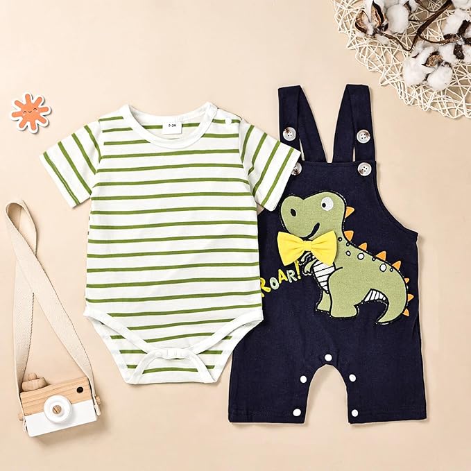 Baby Boy Clothes Newborn Outfits Stripe Romper Infant Cartoon Overall Adjustable Suspender Pants Set 0-18 Months