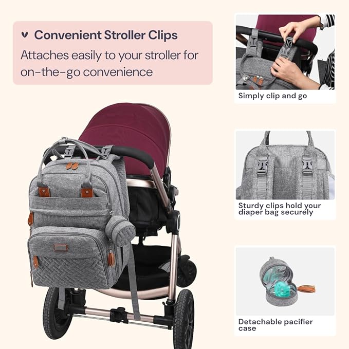 BabbleRoo Diaper Bag Backpack - Baby Essentials Travel Tote - Multi Function Water Resistant Diaper Bag, Travel Essentials Baby Bag with Changing Pad, Stroller Straps & Pacifier Case - Light Gray